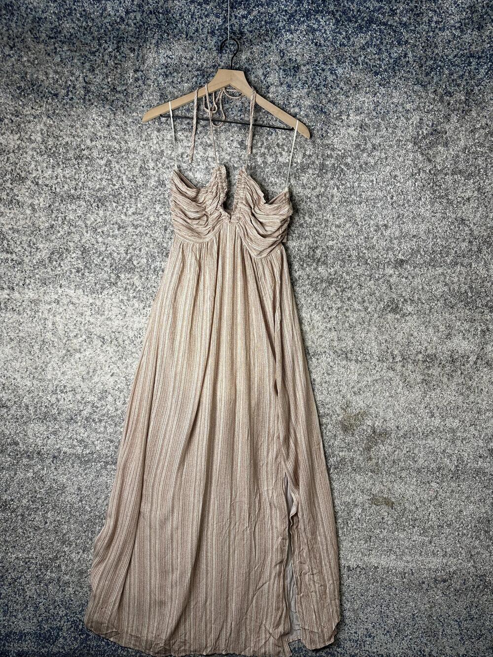 Katwalk Dress Womens Large Taupe Tie Top Printed Maxi Rayon Boho Formal Summer